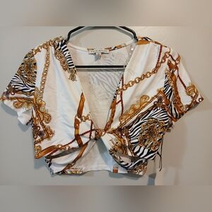Haute Monde White and Gold Chain Print Crop Top